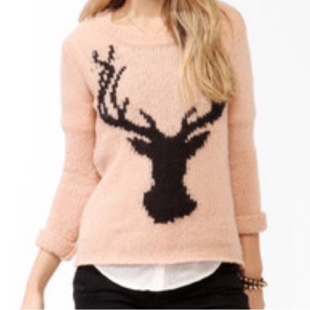 Forever 21 Pink - Peach with Black Shadow of a Deer Knit Sweater Size S